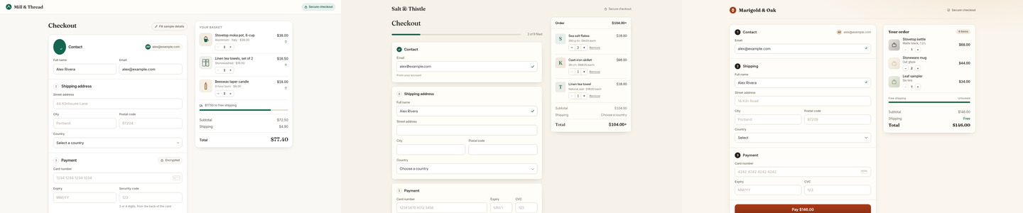 Three separately generated checkout apps from opus-5